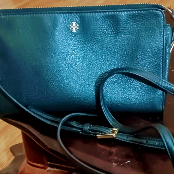 Tory Burch Black Leather Cross body Purse with brass buckle adjustable strap. - Picture 12 of 16